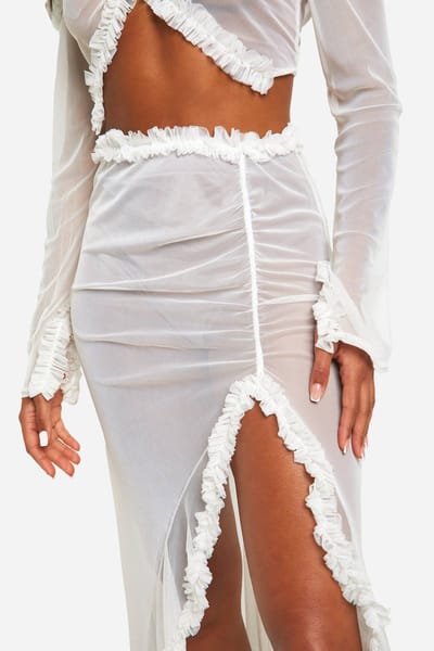 boohoo Dames Ruffle Mesh Maxi Rok | Wit | Maat: 38