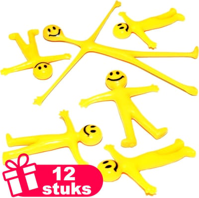 Henbrandt - 12 Stuks Gele Uitrekbare Smileys Poppetjes - Smilli Uitrekbaar Traktatie uitdeelcadeautjes voor kinderen & peuters - Traktaties en kinderverjaardagen - Klein grabbelton speelgoed voor in traktatie uitdeelzakjes