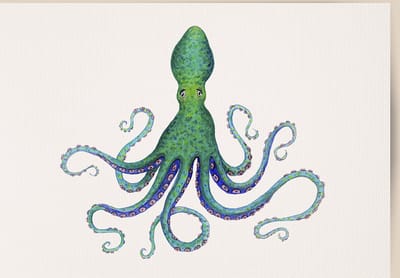 World of Mies poster octopus - A4 - mooi dik papier - Snel verzonden! - tropisch - zeedieren - dieren in aquarel - geschilderd door Mies