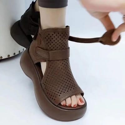 Retro zachte PU leren dames coole laarzen mode dames sandalen zomer vis mond sandalen wiggen middelhoge hakken schoen sandalias 36 white