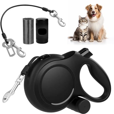 Rollijn voor honden, rollijn met poepzakhouder, met beetbestendige stalen kabel, anti-slip handgreep en snelremknop, voor training, voor honden tot 50 kg (zwart)
