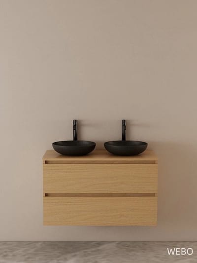 WEBO 100cm Sydney Oak eiken badkamermeubel volledige set INCLUSIEF 2 mat zwarte waskommen en mat 2 zwarte kranen - COMPLETE SET