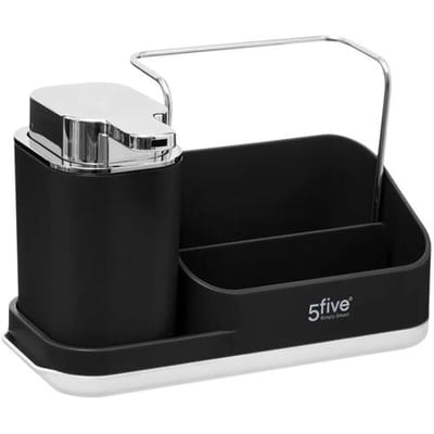 5Five Zeeppompje met keuken aanrecht organiser - zwart - 3 compartimenten - kunststof - 22 x 13 x 14 cm
