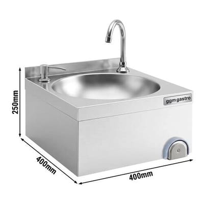 GGM Gastro Handwaschbecken - mit Wasserhahn, Seifenspender, Kniebedienung & Aufkantung