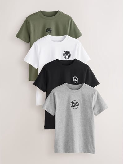 Next - Jongens - Verpakking van 4 T-shirts met kleine grafische print en korte mouwen - Zwart