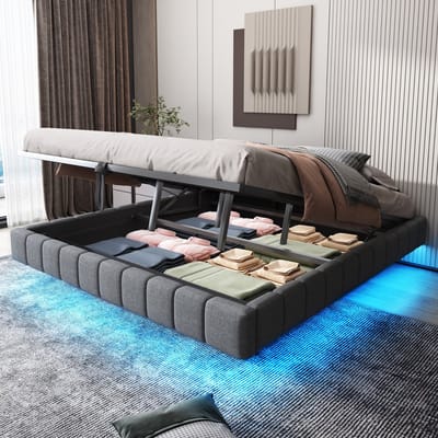 Sweiko Tweepersoonsbed - 180x200 cm - Met opbergruimte - LED verlichting - Zonder hoofdbord - Linnen - Grijs