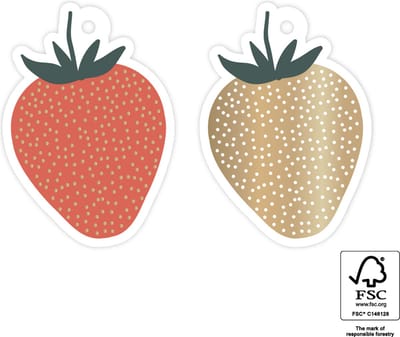 Label Kaartje - Kadolabel - Duo - Aardbei / Strawberry - Kinderen - Kids - Rood - Goud | Karton incl. boorgaatje | Cadeau - Gift Tag - Leuk verpakt | Geschenk | DH collection