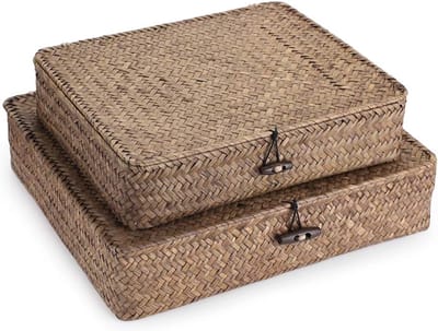 Rotanmand, 2 stuks, van natuurlijk zeegras met deksel, handwerk, opbergkist, opbergmanden, orde mand voor keuken, badkamer, slaapkamer, groot + klein (rechthoekig, bruin)