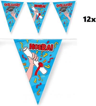12x Vlaggenlijn geslaagd hoera blauw 10 meter - diploma geslaagd vlaglijn afstudeer