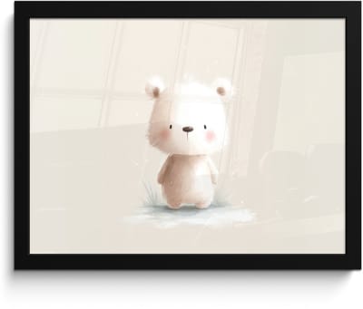 Poster in lijst - Fotolijst 40x30 cm - Posters - Beertje - Sneeuwvlokje - Wit - Pluizig - Posterlijst zwart - Decoratie - Wanddecoratie woonkamer - Muurdecoratie slaapkamer