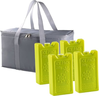 Grote isolatie koeltas zilvergrijs 39 x 22 x 19 cm met 4x stuks groene koelelementen