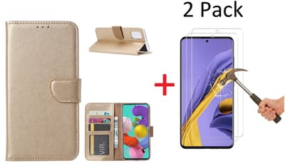 Hoesje Geschikt Voor Samsung Galaxy A51 Portemonnee hoesje + 2X Screenprotector - Goud