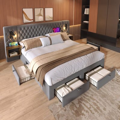 DESMIU Gestoffeerd Bed 160x200 cm Zonder Matras Vintage Dubbelbed Met Leeslamp En Usb C Oplaadfunctie Met 4 Lades En 2 Nachtkastjes Voor Slaapkamer Fluweel Grijs