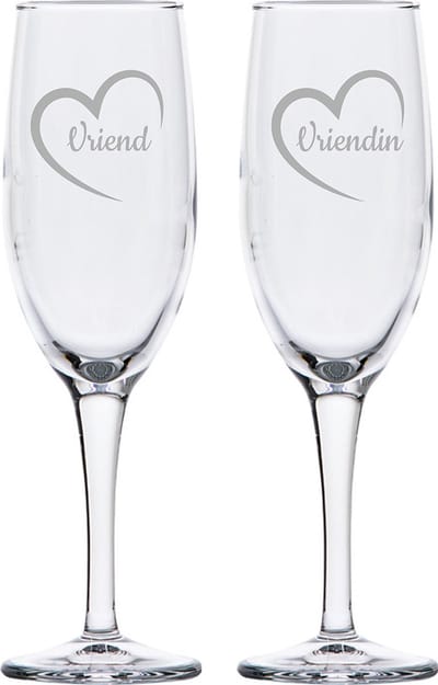 Gegraveerde Champagneglas 16,5cl Vriend met hartje & Vriendin met hartje