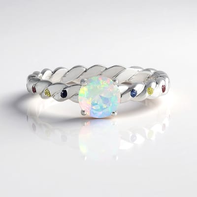Cavill - Zilveren ring met platina laag - 925 Sterling Zilver - Welo-opaal 0,433 ct rond - 8 Saffieren 0,077 ct - Ronde Edelsteen Ring Ethiopië