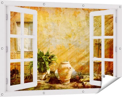 Gards Tuinposter Doorkijk Oude Stenen Muur - 120x80 cm - Tuindoek - Tuindecoratie - Wanddecoratie buiten - Tuinschilderij