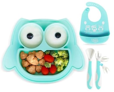 Brunoko Baby Plate Set 3-delig – Duurzaam, BPA-vrij Siliconen Bord met Anti-Mors Zuignap, Buigbaar Bestek & Slab | Zorgeloos & Leuk Eten voor Baby’s & Peuters – Veilig & Makkelijk te Reinigen | Mintgroen | Aqua Mint