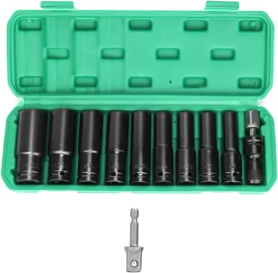 11-delige slagmoersleutel set 1/2 inch met doppenadapter en lange doppenset - Metrische aandrijfgereedschapset 10-24 mm voor elektrische en pneumatische boormachines