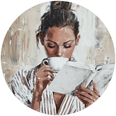 Glasschilderij Ochtendkoffie met een Boek I - Ø 70 - Glas - REINDERS
