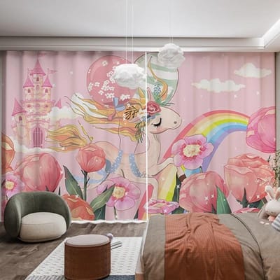 2 Panelen Roze Prinsessenkamer Gordijnpanelen Cartoon Eenhoorn Kasteel Regenboog Print Gordijnen voor Meisjes Kinder Slaapkamer Gordijnen cortina 2x120W270H(CM)&rod pocket