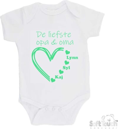 100% katoenen Romper "De liefste opa & oma met de namen van 3 kleinkinderen" Unisex Katoen Wit/mint Maat 56/62