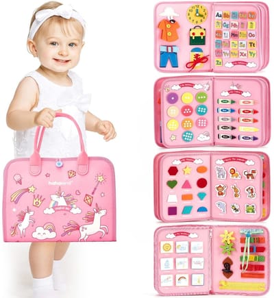 Busy Board - Montessori speelgoed - Activiteitenbord - TENZHVXI® - 8-in-1 Activiteiten, Interactief, Educatief, Sensorisch Speelgoed, Busy Board, Ideaal voor op reis, Voor Fijne Motoriek - Veilige en Duurzame Materialen - 28x23cm - Roze