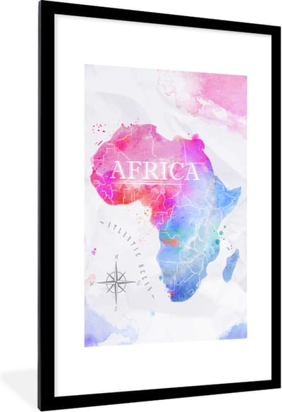 Poster in lijst - Fotolijst 80x120 cm - Posters - Waterverf - Wereldkaart - Afrika - Posterlijst zwart - Decoratie - Wanddecoratie woonkamer - Muurdecoratie slaapkamer
