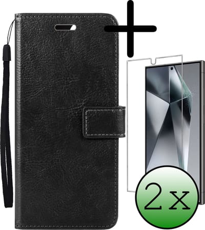 Hoesje Met 2x Screenprotector - Geschikt voor Samsung Galaxy S24 Ultra - Luxe Pasjeshouder - Bookcase Portemonee - Flip Case - Kunstleer Book Case - Flipcase Hoes - Book Cover - Walletcase - Portemonneehoes - Zwart