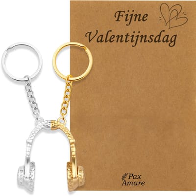 Koppel Sleutelhanger voor 2 'Fijne Valentijnsdag' - Magnetische Koptelefoon - Sleutelhanger set op Cadeau Kaartje - Goudkleurig & Zilverkleurig - Vriendschap of Relatie Symbool - Pax Amare