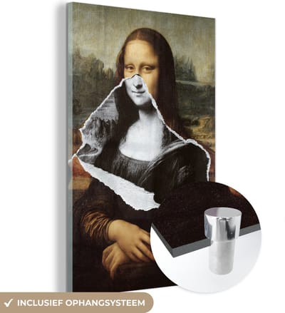 MuchoWow® Glasschilderij 40x60 cm - Schilderij acrylglas - Mona Lisa - Zwart - Wit - Da Vinci - Foto op glas - Schilderijen