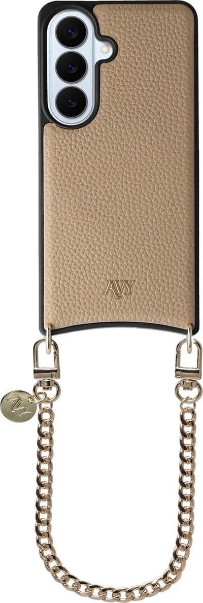 AVY Leren Hoesje Geschikt voor Samsung Galaxy S26 | Compatibel met MagSafe | Leather Case met Telefoonkoord | Polsband | Beige | Aurum Lien
