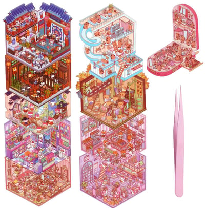 Dailygoods- Huisstickers 3D Effect - DIY Miniatuur Huisstickers - 15 x 10 cm - Veilig PET-Materiaal - Creatieve Knutselset - 5 Ontwerpen - Muursticker