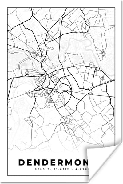 Poster Stadskaart – Zwart Wit - Kaart – Dendermonde – België – Plattegrond - 120x180 cm XXL