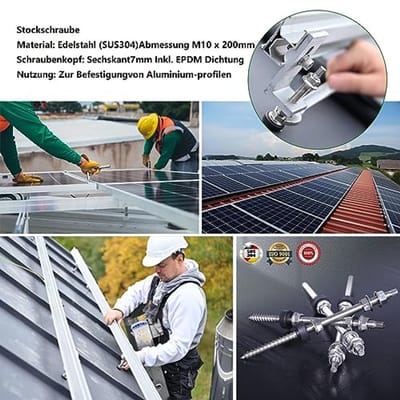 Stokschroeven - Bevestigingsbouten - Zonnepanelen Montage - Roestvrij Staal SUS304 - M10 x 200 mm - Zilverkleurig