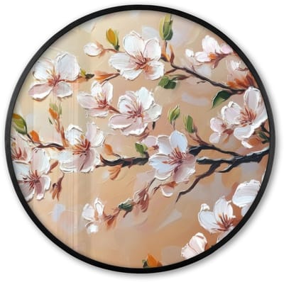 Poster in lijst Rond - Fotolijst 60x60 cm - Posters - Bloesemtakken - Schilderachtig - Roze - Ronde posterlijst zwart - Decoratie - Wanddecoratie woonkamer - Muurdecoratie slaapkamer