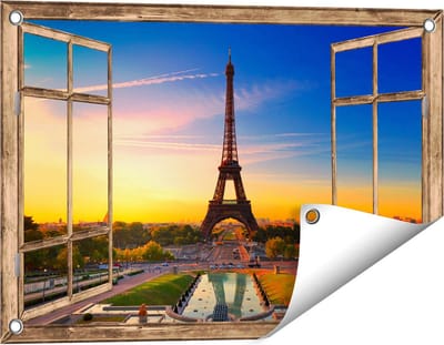 Gards Tuinposter Doorkijk Parijs Eiffeltoren tijdens de Zonsopkomst - 60x40 cm - Tuindoek - Tuindecoratie - Wanddecoratie buiten - Tuinschilderij