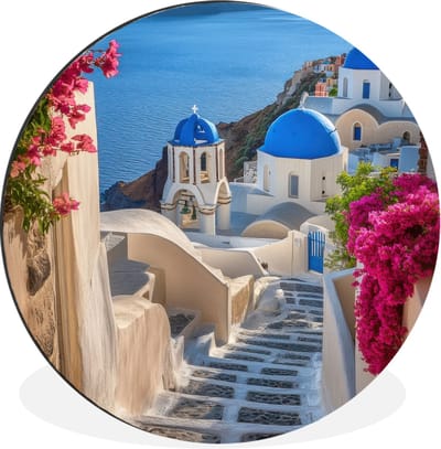 WallCircle - Wandcirkel - Muurcirkel - Santorini - Bloemen - Griekenland - Aluminium - Dibond - 60x60 cm - Binnen en Buiten