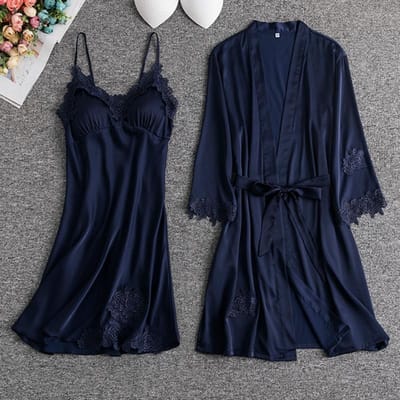Lente Zomer Satijnen Badjas Loungewear Dames 2-delige Badjas Set Nachtkleding Sexy Patchwork Kant Nachthemd Intieme Lingerie Huisjurk XL black