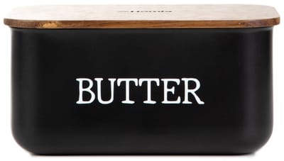 Homla - Avila Botervloot met Houten Deksel - Boterdoos Acacia Hout - Boter Bewaarbox Keuken - Stijlvolle Butter Dish - Boter Serveren & Bewaren - 0.73L - 15 x 10 x 7 cm - Zwart