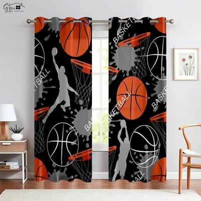 2-delige set van -Blooded Basketball 3D-geprinte gordijnen polyestervezel slaapkamer woonkamer studentenhuis decoratieve gordijnen W50xH130(CM)x2PCS&Grommet Top