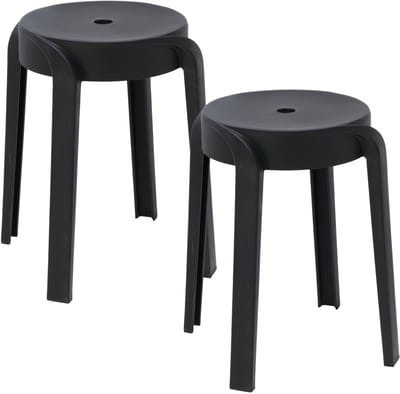 H&S Collection Bijzet krukje/zit krukje Astora - 2x - kunststof - zwart - D34 x H45 cm - extra stoelen - binnen/buiten - stapelbaar