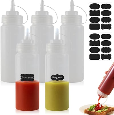 Dailygoods - Squeeze fles, 5 stuks, knijpfles, 350 ml, sausfles met 2 schaal, BPA-vrij, lekvrij, 2 vellen labelpapier, voor ketchup, mosterd, mayonaise, olijfolie