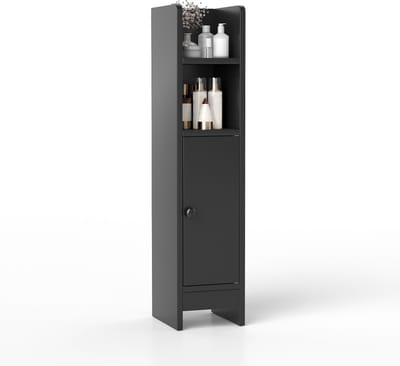 COSTWAY Toiletkast, smalle badkamerkast met 2 open vakken, houten badkamerrek met 2 afneembare planken, opbergkast 20 x 18 x 80 cm (zwart)