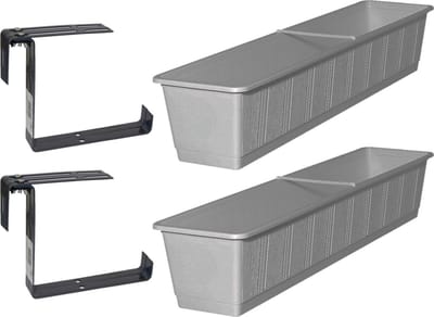 Set van 4 kunststof plantenbakken grijs rechthoekig 80 cm met 8 verstelbare railing beugels