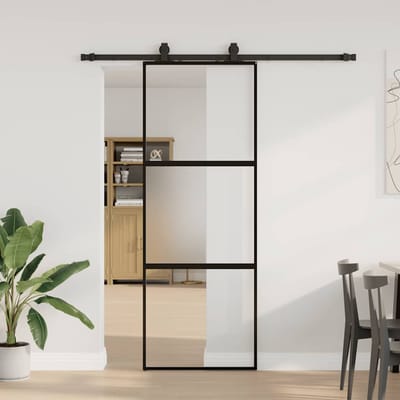 vidaXL - Schuifdeur - met - beslagset - 76x205 - cm - gehard - glas - zwart