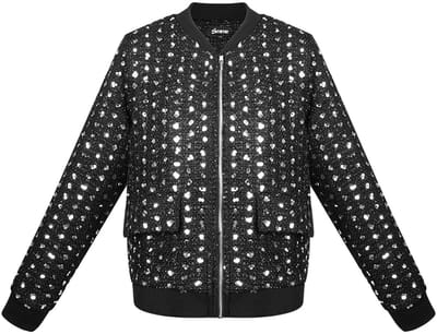 Gestructureerde Polyester Vrouwen Bomber Jas met Glitter Textuur - Zwart - Maat S