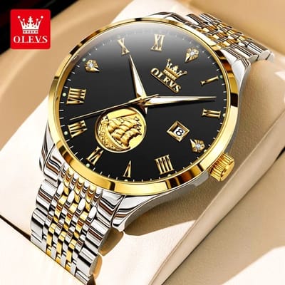 HO-6696.gz-zw : Olevs 3 master zeilschip, goudzilverkleurig automatisch/mechanisch edelstaal heren horloge, zwarte wijzerplaat, 3BAR, tourbillon, luminiscerend
