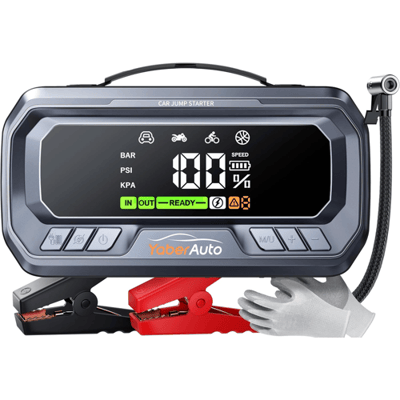 YaberAuto YA90 startaccu met compressor 160 psi 6500A externe accu 6500A PD-invoer/-uitvoer voor auto met 3,3-inch LCD-scherm, noodverlichting 600