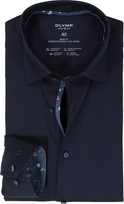 OLYMP 24/7 Level 5 body fit overhemd - tricot - marine blauw - Strijkvriendelijk - Boordmaat: 40