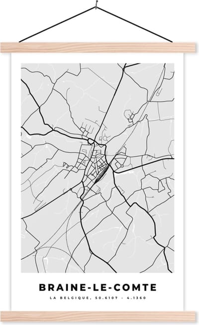 Posterhanger incl. Poster 40x60 cm - Schoolplaat - België – Braine le Comte – Stadskaart – Kaart – Zwart Wit – Plattegrond - Textielposter - Blanke latten - Stadskaart
